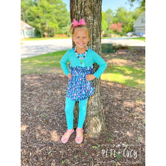 PETE + LUCY Blue Boho Cactus 2 Piece Set Pants Babydoll Top 2T NEW - Picture 2 of 7